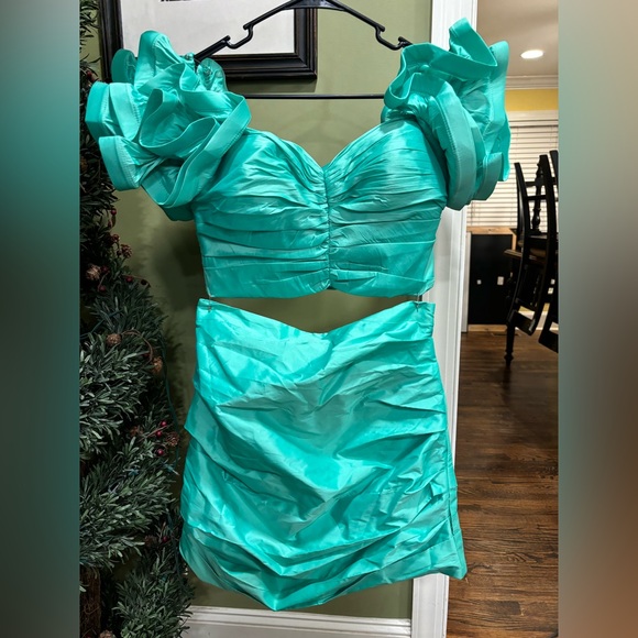 Tarik Ediz Turquoise Dress with Ruffled Sleeves - Picture 1 of 2